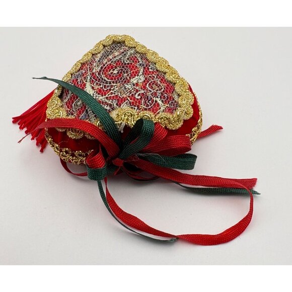 Vintage Heart Shaped Christmas Tree Ornament Victorian Style Tassel Red Gold - Picture 3 of 6